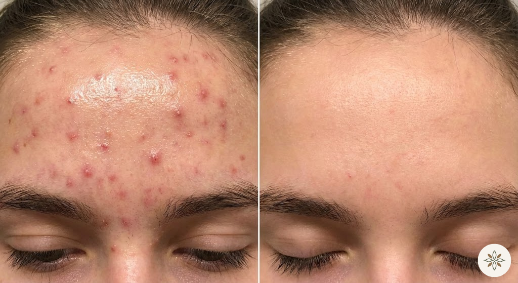 Before and After'comparison of Moderate inflammatory acne on teenager's forehead treated by Certified Acne Specialist in Dallas, TX